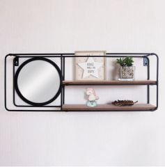 SİYAH AHŞAP AYNALI DUVAR RAFI 50X10CM