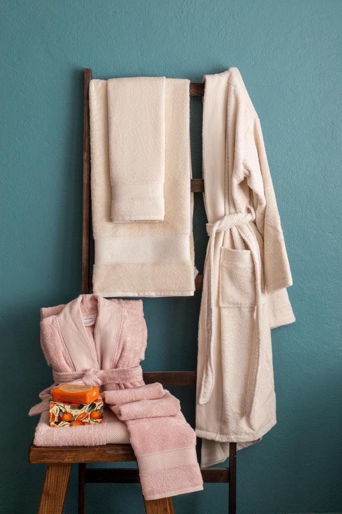 LOTUS BAMBU AİLE BORNOZ SETİ BLUSH-EKRU