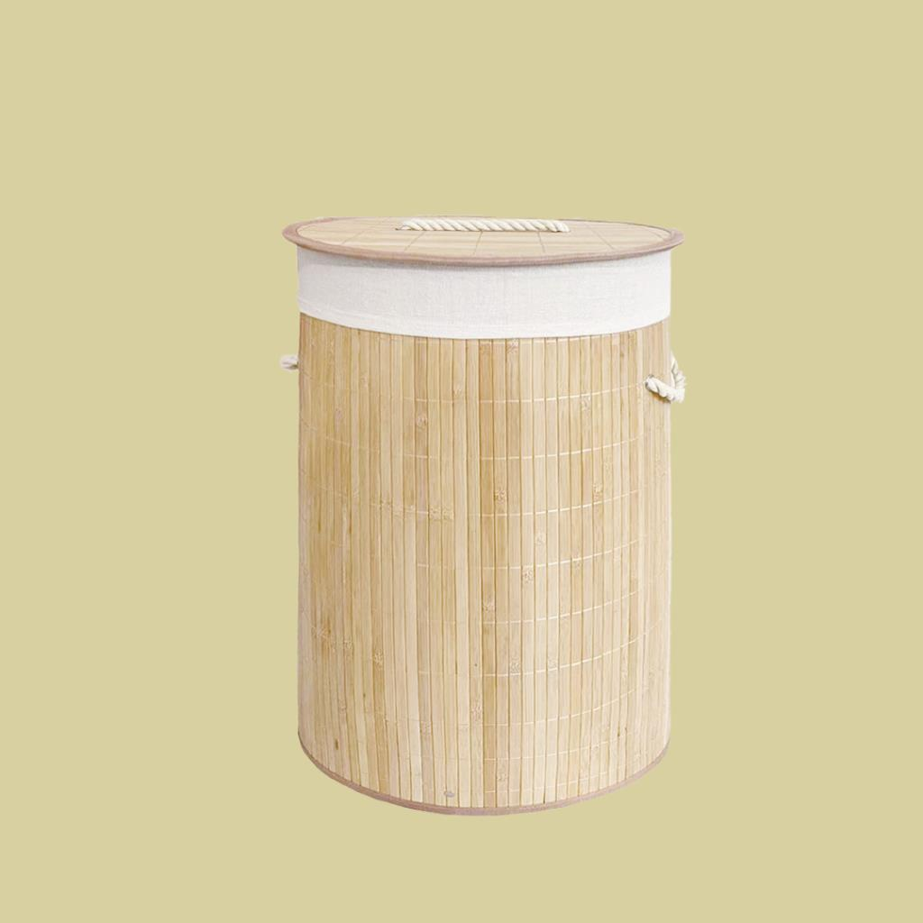 BAMBU BEJ YUVARLAK KATLANIR ÇAMAŞIR SEPETİ 50CM