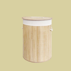 BAMBU BEJ YUVARLAK KATLANIR ÇAMAŞIR SEPETİ 50CM
