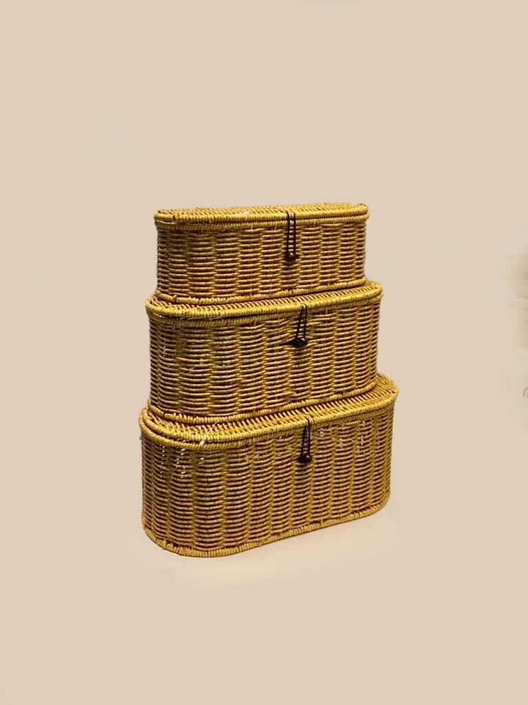 OVAL KAPAKLI 3'LÜ SENTETİK HASIR SEPET/ORGANİZER