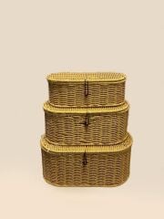 OVAL KAPAKLI 3'LÜ SENTETİK HASIR SEPET/ORGANİZER