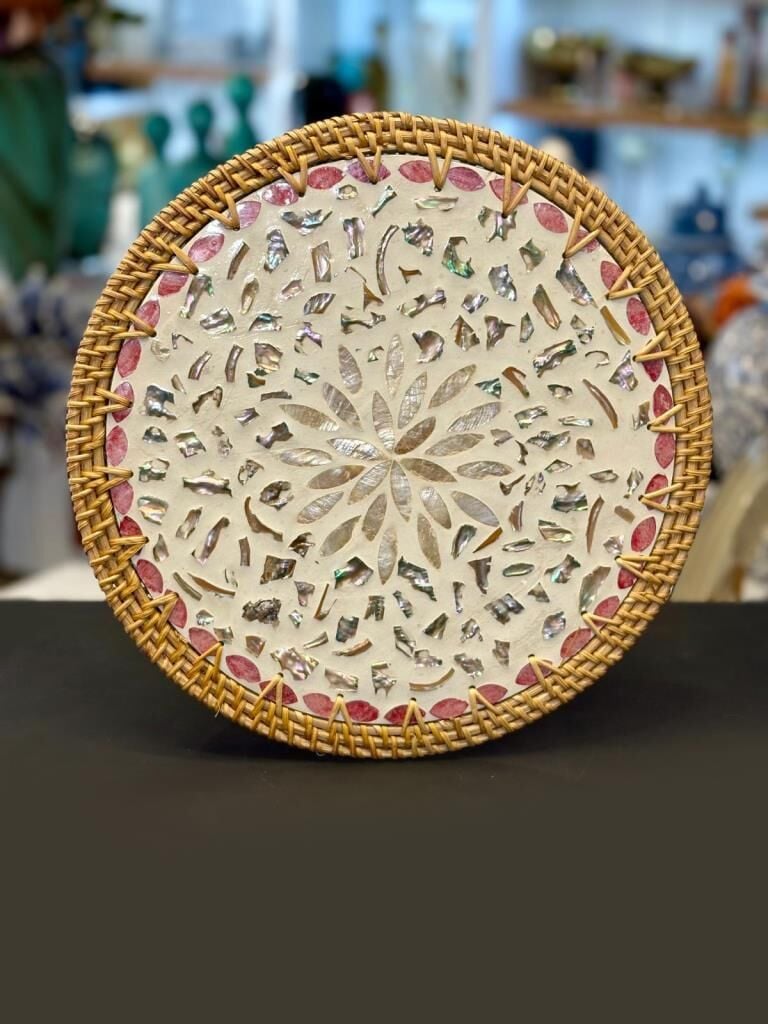 KREM KIRMIZI SEDEFLİ RATTAN SUPLA/DEKORATİF TEPSİ 32CM