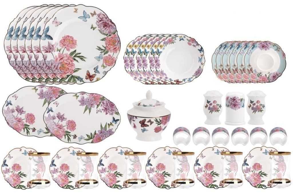 PEMBE ÇİÇEK DESEN 6 KİŞİLİK 44 PARÇA KAHVALTI TAKIMI