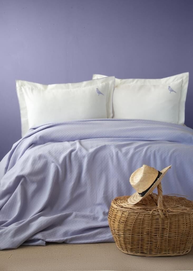 PURE LİLA NAKIŞLI LUKS ÇİFT KİŞİLİK PİKE SETİ