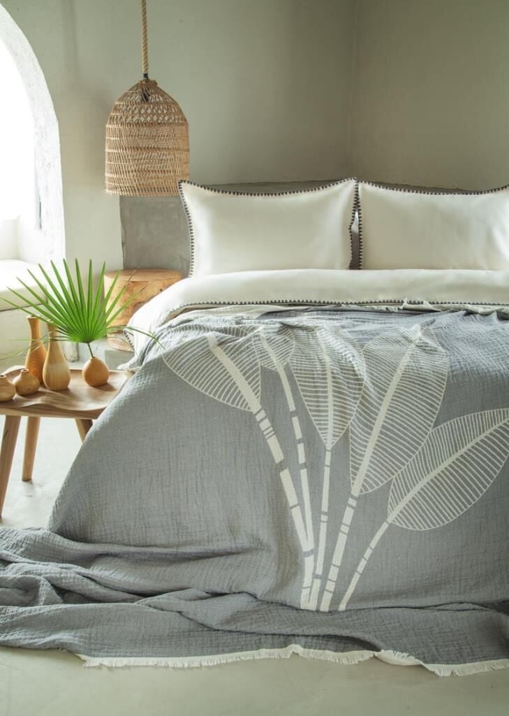 JUNE GRİ MÜSLİN ÇİFT KİŞİLİK NEVRESİM&YATAK ÖRTÜSÜ SET