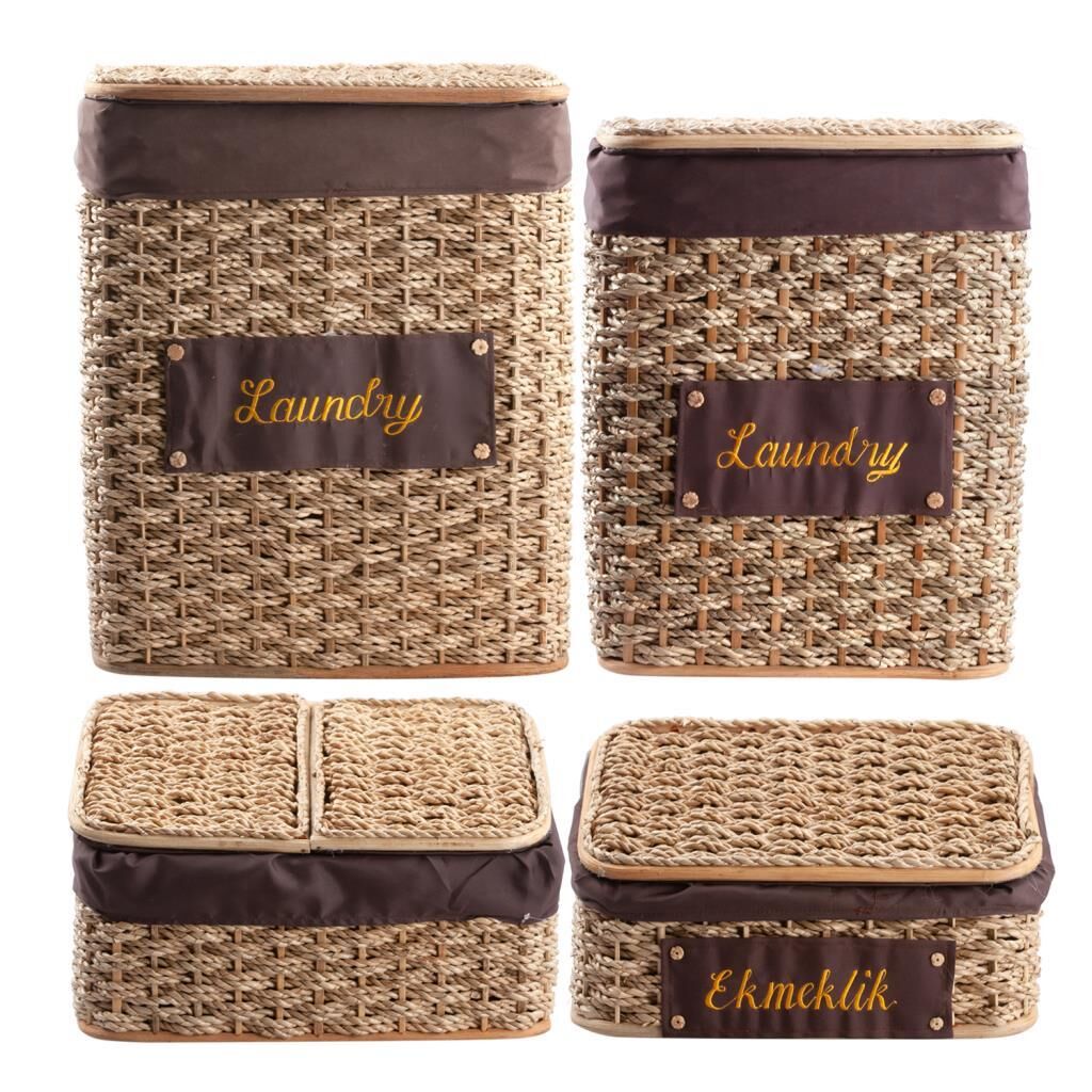 BEJ BURİ HASIR 4 PARÇA SEPET/ÇAMAŞIR SEPETİ