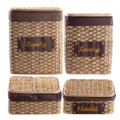 BEJ BURİ HASIR 4 PARÇA SEPET/ÇAMAŞIR SEPETİ