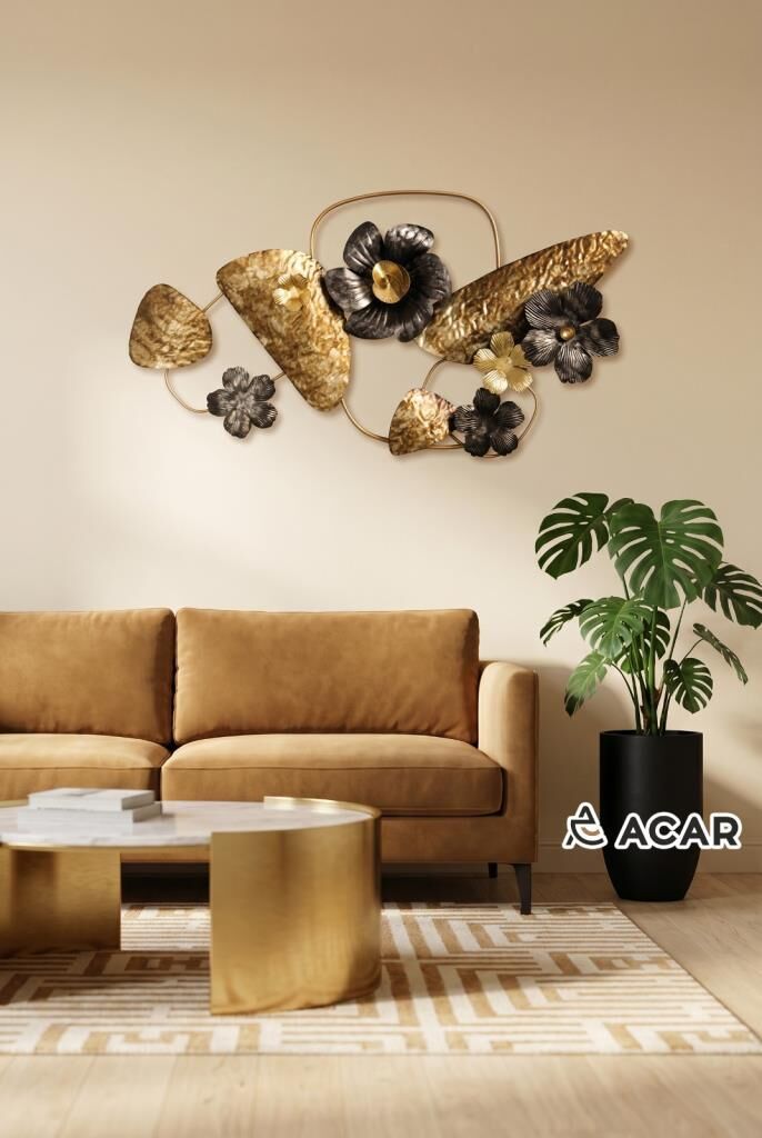 ALTIN ANTRASİT ÇİÇEKLİ METAL TABLO 89X49CM