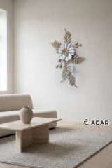 BEYAZ ALTIN ÇİÇEKLİ METAL TABLO 83X57CM