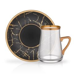 MERMER SİYAH KULPLU TEK KİŞİLİK ÇAY SETİ