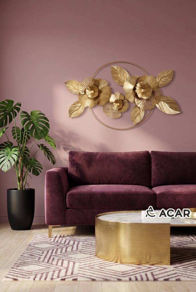 BEJ ALTIN ÇİÇEK DESEN METAL TABLO 90X55CM