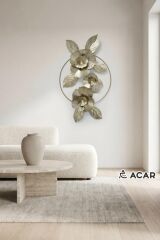 BEJ ALTIN ÇİÇEK DESEN METAL TABLO 90X55CM