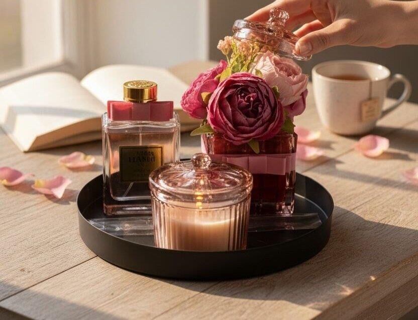 DEKORATİF TEPSİLİ PEMBE KOKU SETİ