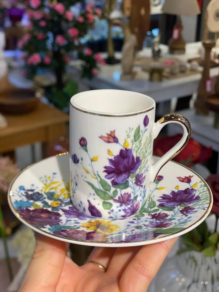 MOR ÇİÇEK DESENLİ TEK KİŞİLİK TÜRK KAHVESİ FİNCANI