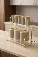 ARLO BEJ ALTIN 8 PARÇA STANDLI CAM BAHARAT SETİ