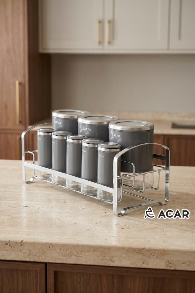 ARLO GRİ GÜMÜŞ 8 PARÇA STANDLI CAM BAHARAT SETİ