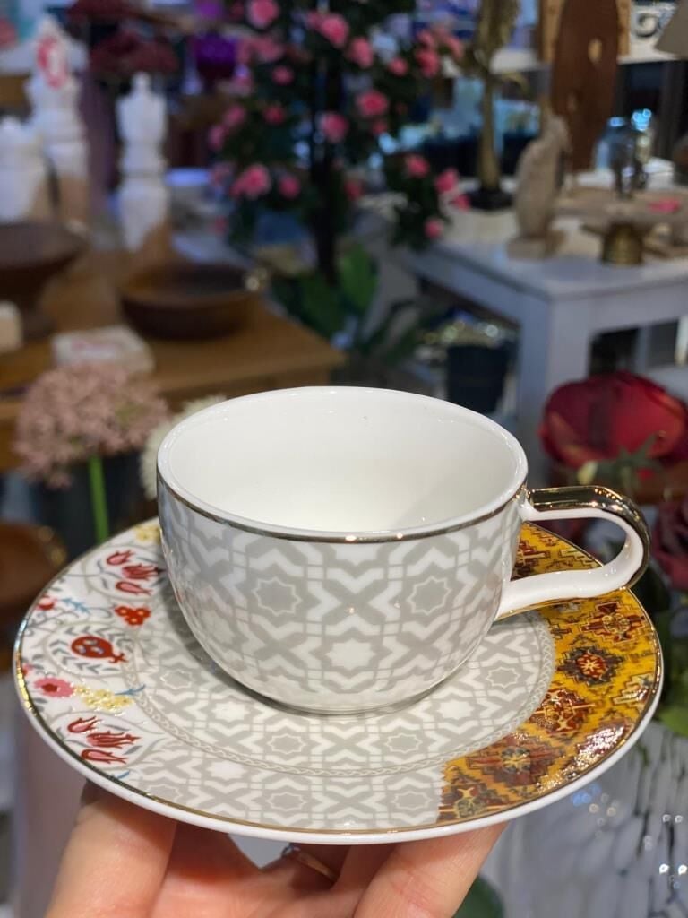 GRİ ETNİK DESENLİ TEK KİŞİLİK TÜRK KAHVESİ FİNCANI