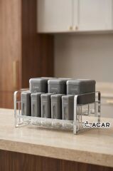 LEON GRİ GÜMÜŞ 8 PARÇA STANDLI CAM BAHARAT SETİ