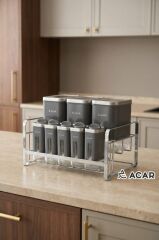 REX GRİ GÜMÜŞ 8 PARÇA STANDLI CAM BAHARAT SETİ