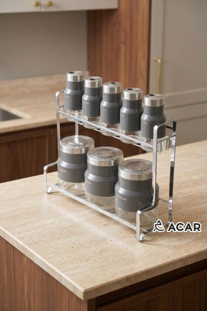 COLT GRİ GÜMÜŞ 8 PARÇA STANDLI CAM BAHARAT SETİ