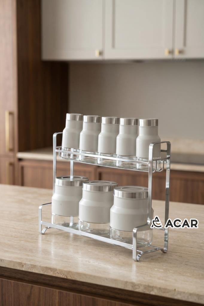 COLT BEJ GÜMÜŞ 8 PARÇA STANDLI CAM BAHARAT SETİ