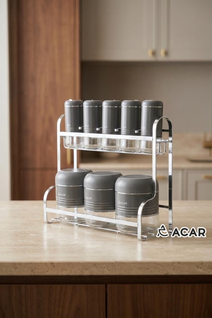 JADE GRİ GÜMÜŞ 8 PARÇA STANDLI CAM BAHARAT SETİ