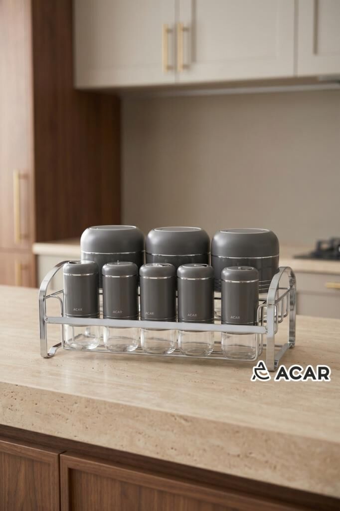 JADE GRİ GÜMÜŞ 8 PARÇA STANDLI CAM BAHARAT SETİ
