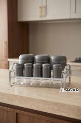 JADE GRİ GÜMÜŞ 8 PARÇA STANDLI CAM BAHARAT SETİ