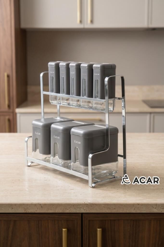 LEON GRİ GÜMÜŞ 8 PARÇA STANDLI CAM BAHARAT SETİ