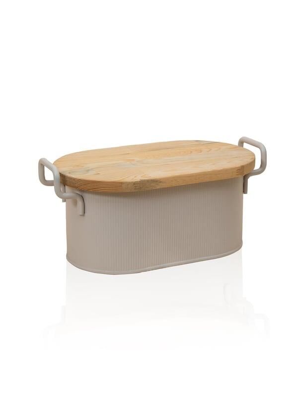 STRİPE BEJ AHŞAP KAPAKLI EKMEK KUTUSU 40CM