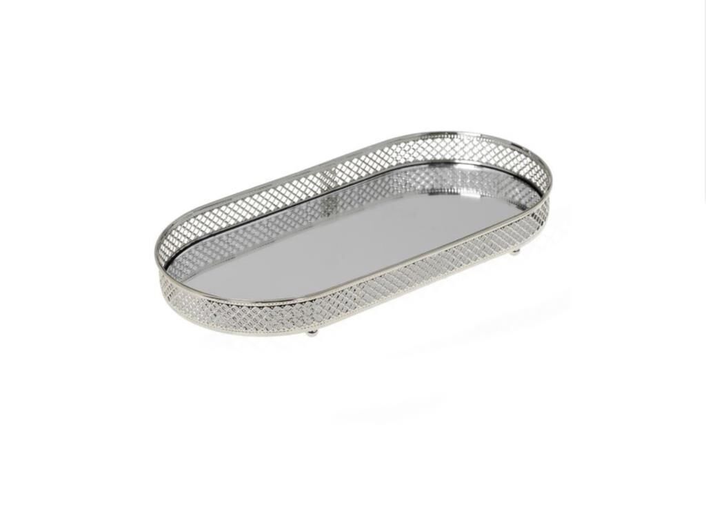 GÜMÜŞ AYNALI OVAL DEKORATİF TEPSİ 33X16CM