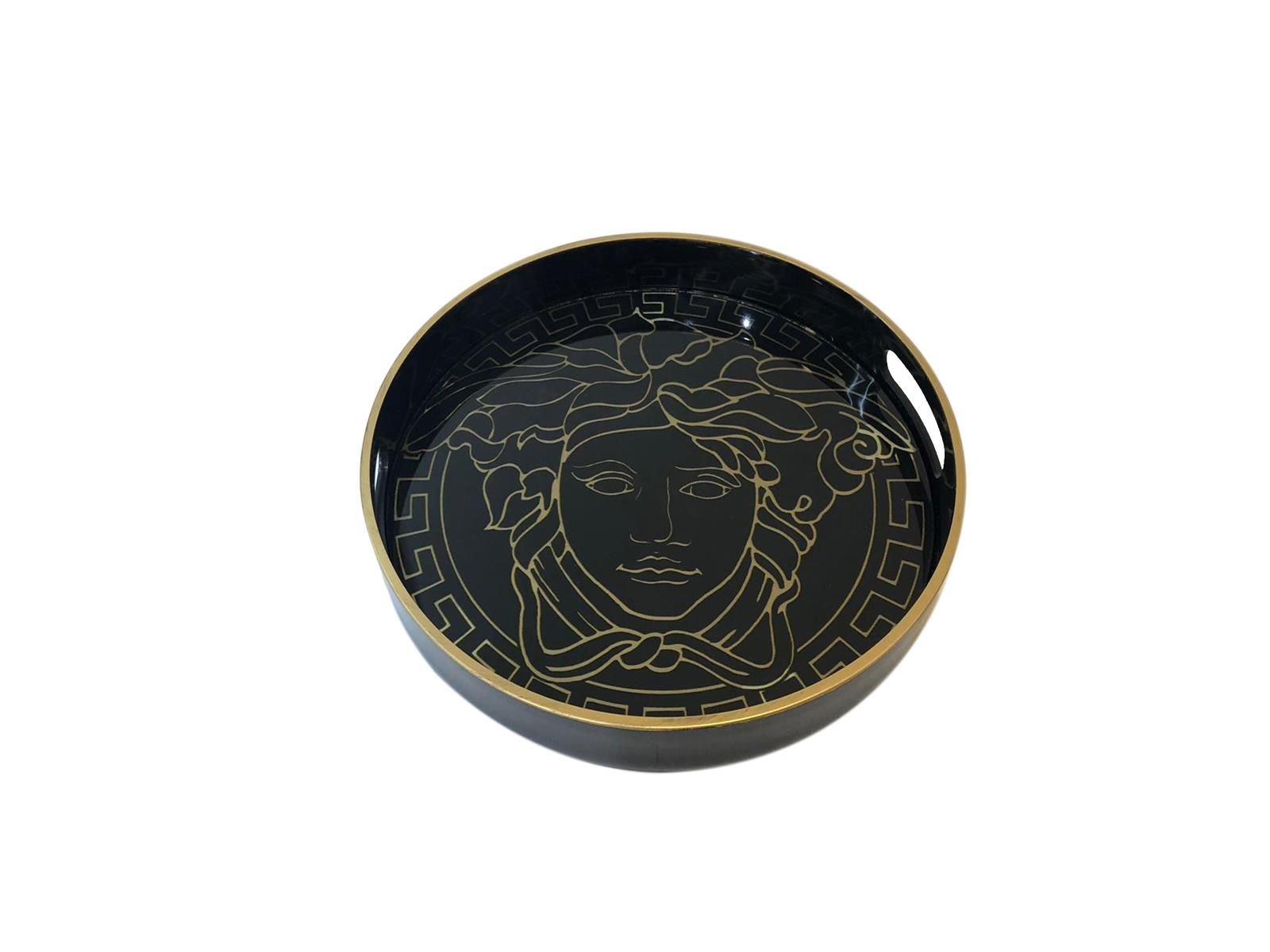 SİYAH VERSACE DESEN YUVARLAK TEPSİ 29cm