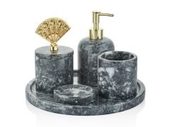 EVZA MERMER BURSA SİYAHI YELPAZE BANYO SETİ