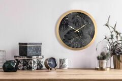 SİYAH ALTIN TROPİK DESEN DUVAR SAATİ 35CM