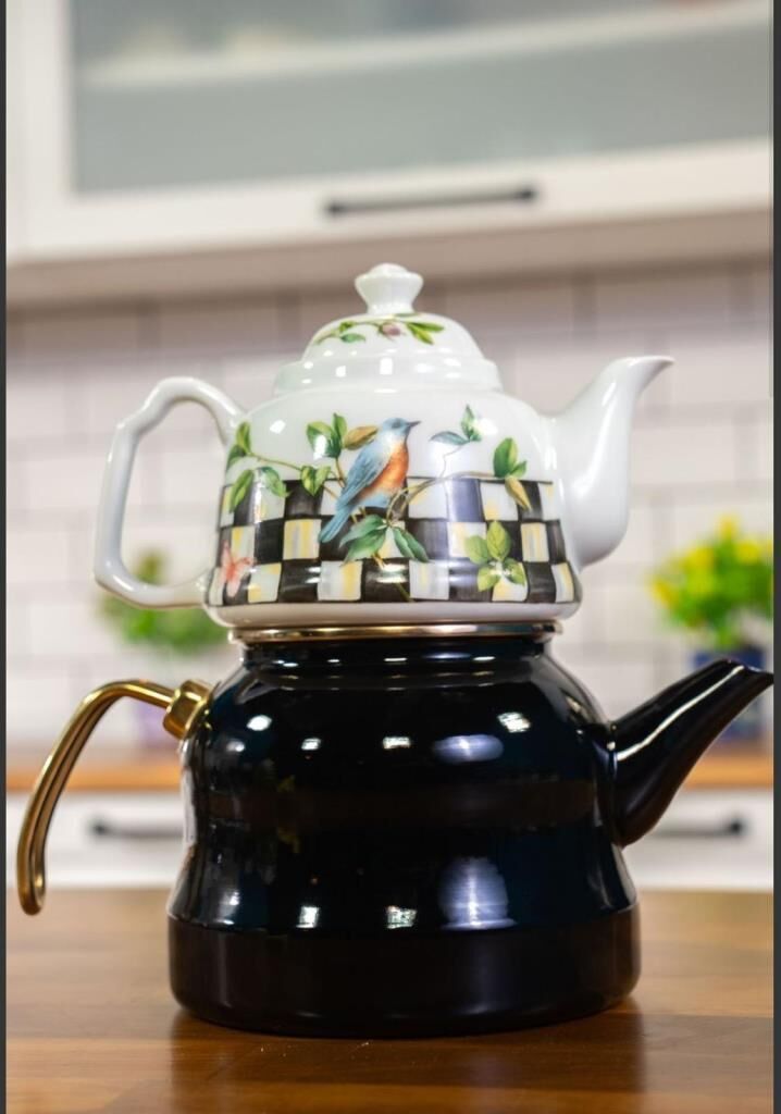 SİYAH EMAYE ROYAL PORSELEN DEMLİKLİ ÇAYDANLIK