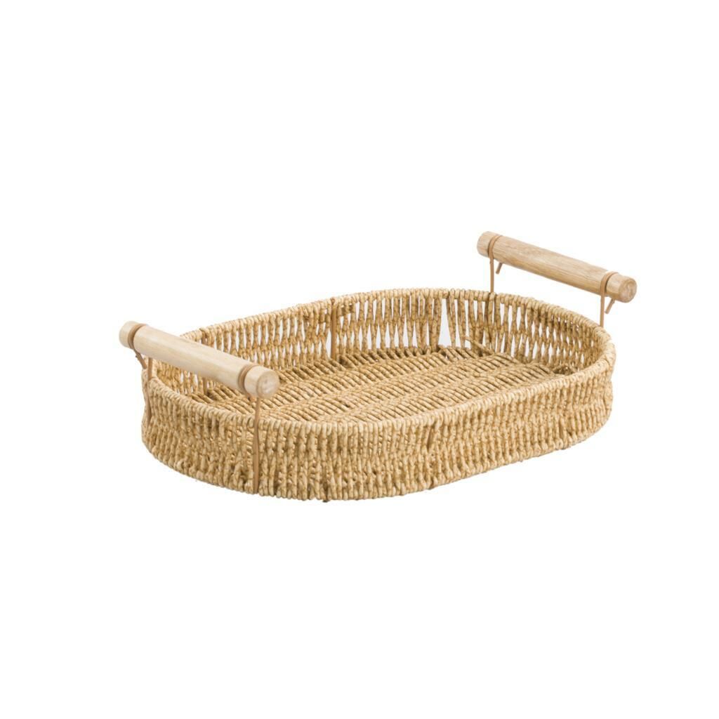 SENTETİK HASIR OVAL AHŞAP KULPLU TEPSİ 30X40CM