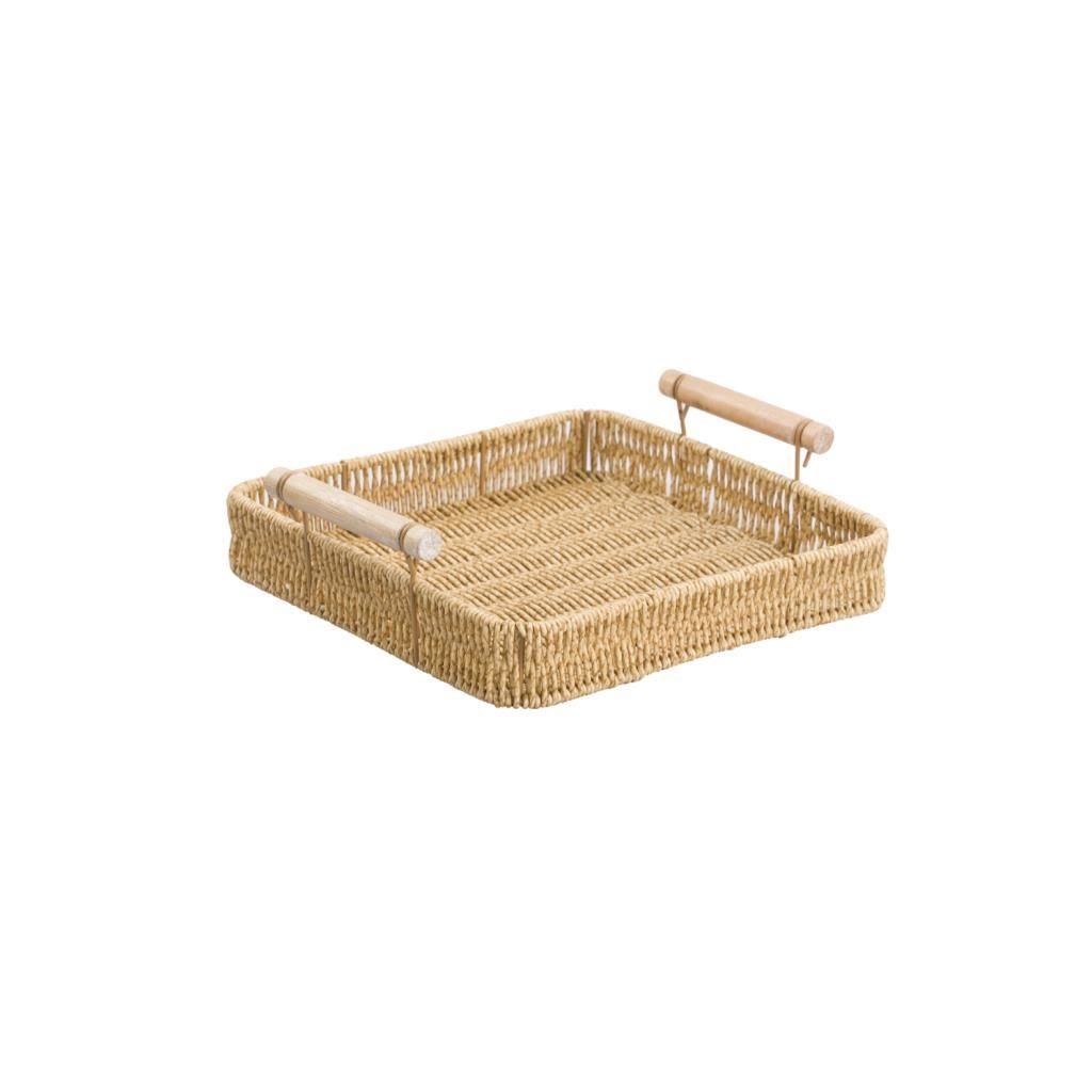SENTETİK HASIR KARE AHŞAP KULPLU TEPSİ 25X25CM