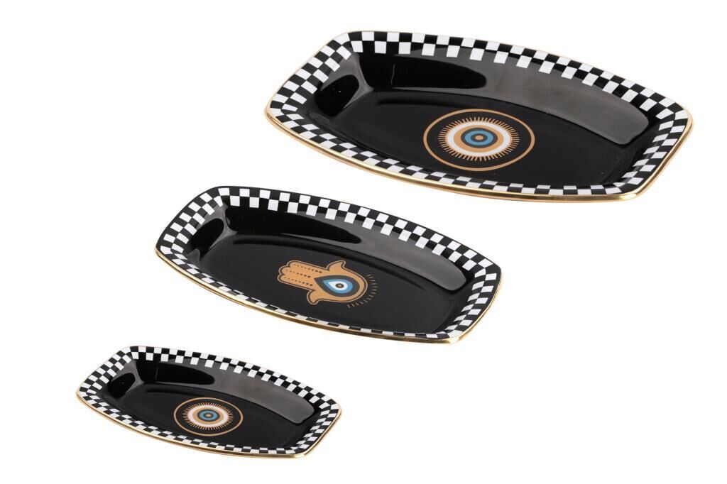 NAZAR SİYAH OVAL 3'LÜ KAYIK TABAK 28CM