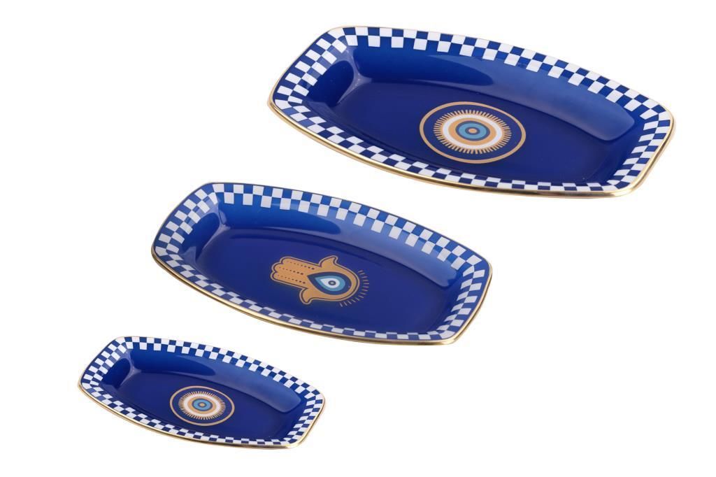 NAZAR MAVİ OVAL 3'LÜ KAYIK TABAK 28CM