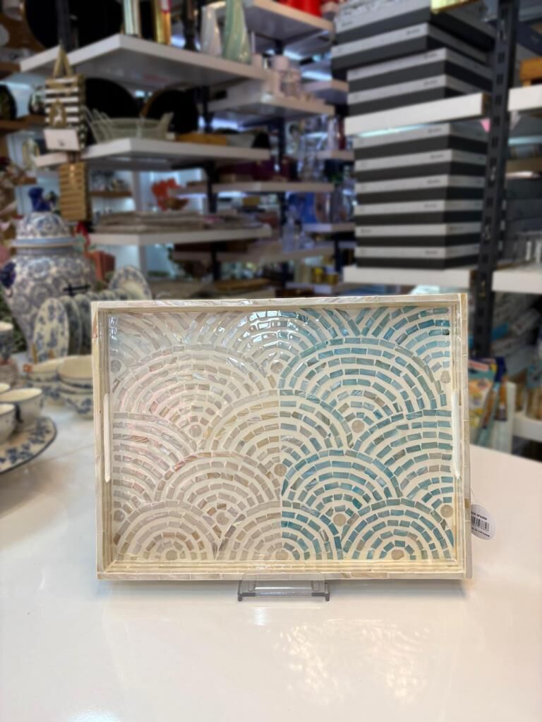 KREM TURKUAZ SEDEFLİ DİKDÖRTGEN TEPSİ 40X30CM