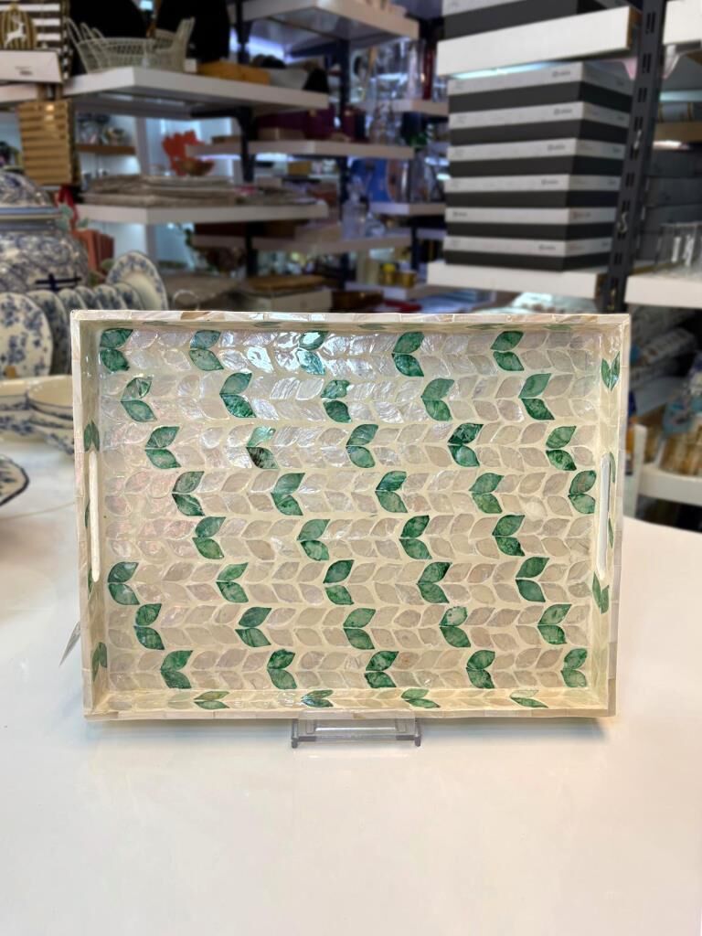 KREM YEŞİL SEDEFLİ DİKDÖRTGEN TEPSİ 40X30CM