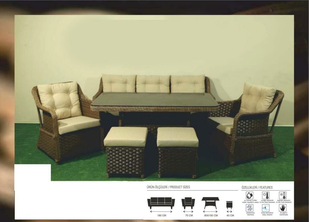 CAPRİ PLUS BAMBU RATTAN KOYU KAHVE 5 KİŞİK OTURMA GRUBU