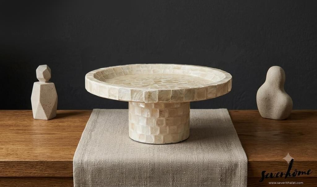 KREM SEDEFLİ AYAKLI SUNUMLUK/DEKOR 24X10CM