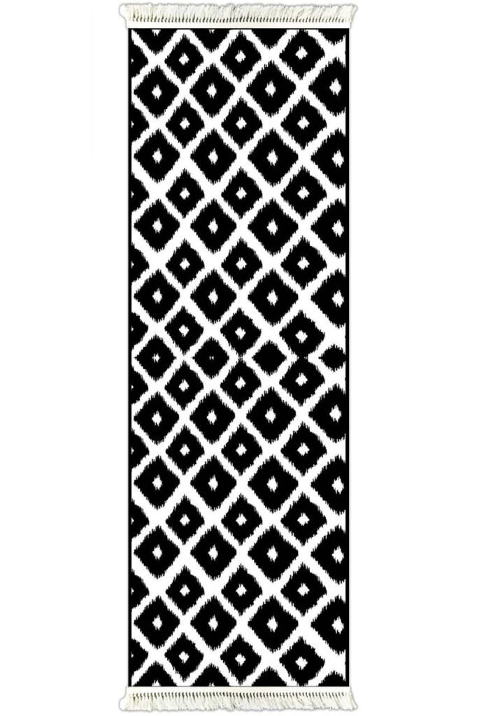 6016 İKAT DESEN SİYAH-BEYAZ KAYDIRMAZ HALI 80x300cm