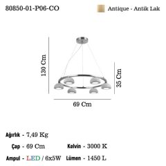 BERZONA 6'LI LEDLİ AVİZE 3000K 30W