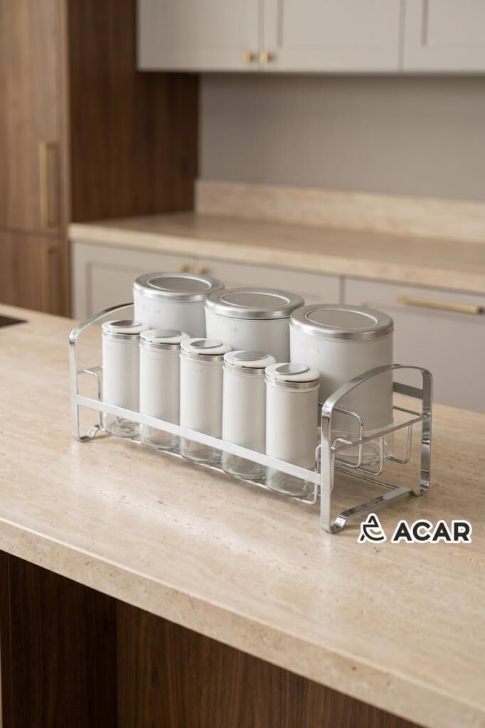ARLO BEJ GÜMÜŞ 8 PARÇA STANDLI CAM BAHARAT SETİ