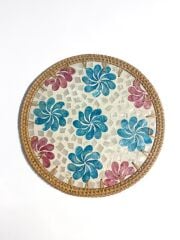 MAVİ ÇİÇEK SEDEFLİ RATTAN SUPLA/DEKORATİF TEPSİ 30CM