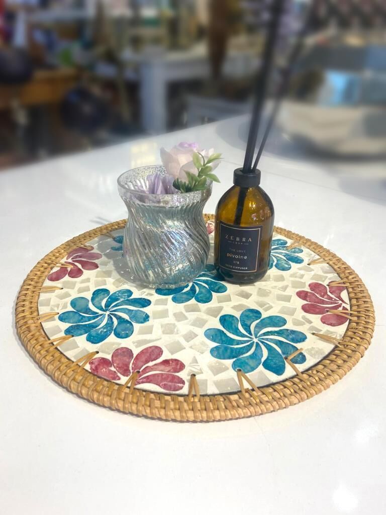 MAVİ ÇİÇEK RATTAN SUPLA/DEKORATİF TEPSİ 30CM