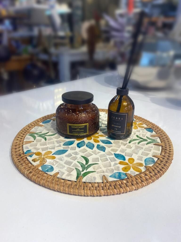 MAVİ SARI ÇİÇEK RATTAN SUPLA/DEKORATİF TEPSİ 30CM